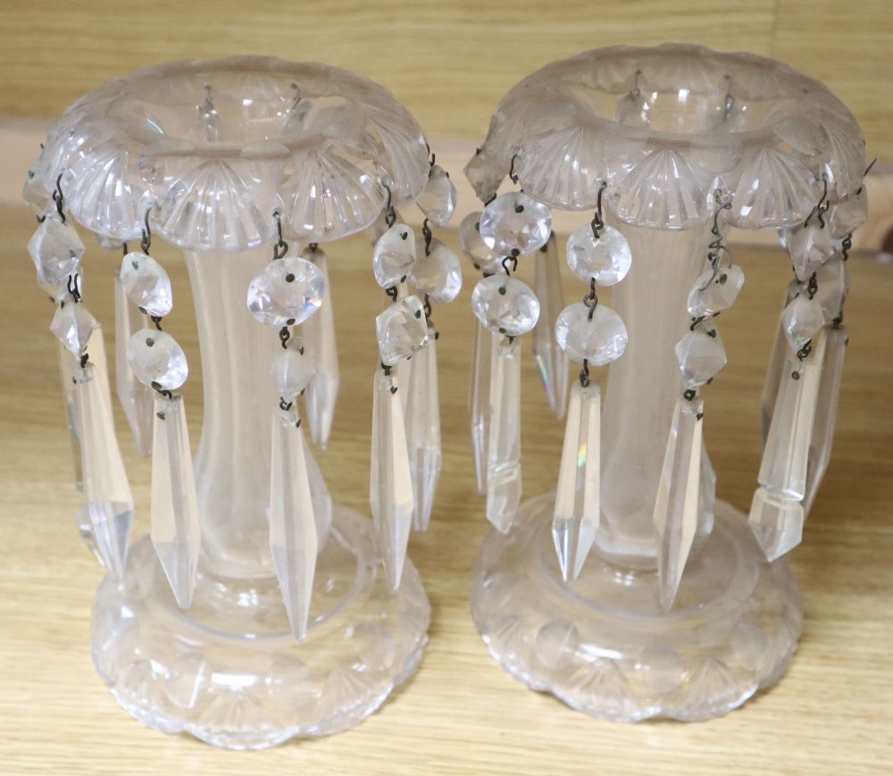 A pair of Victorian cut glass lustres, a pair of lidded glass jars, a basket and a porcelain vase